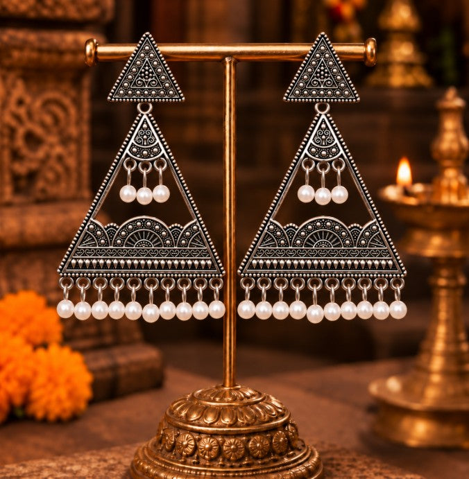 OXIDISED SILVER GEOMETRIC TRIANGLE DROP EARRINGS
