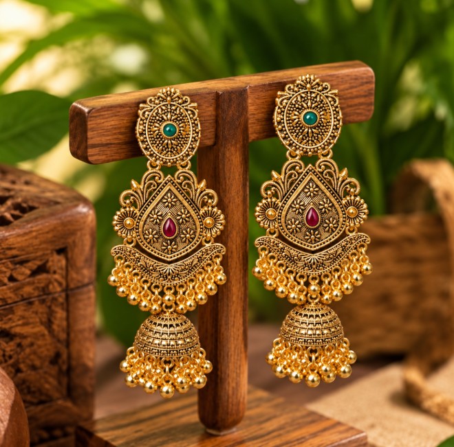 ANTIQUE GOLD-PLATED RUBY PINK GREEN STONE LONG JHUMKA EARRINGS