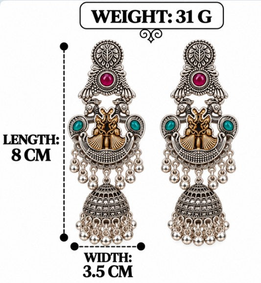 OXIDISED SILVER PEACOCK LONG JHUMKA EARRINGS