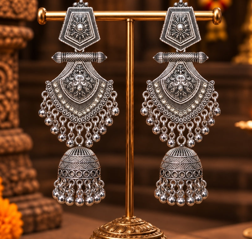 OXIDISED SILVER LONG TRADITIONAL JHUMKA EARRING