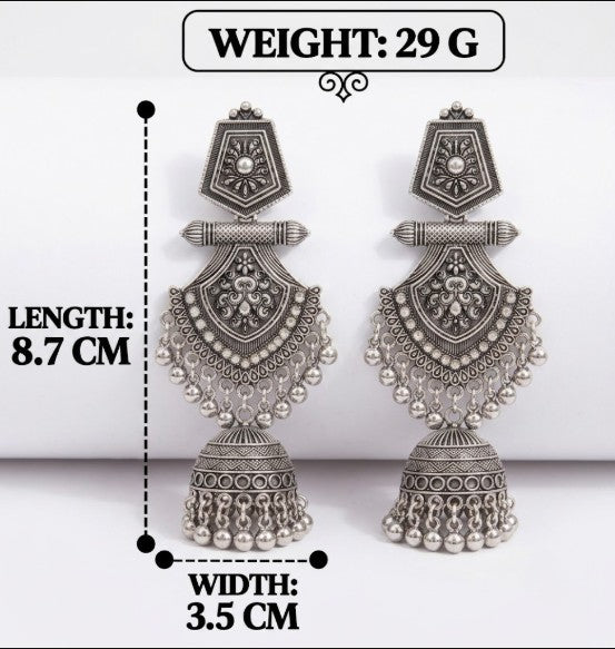 OXIDISED SILVER LONG TRADITIONAL JHUMKA EARRING
