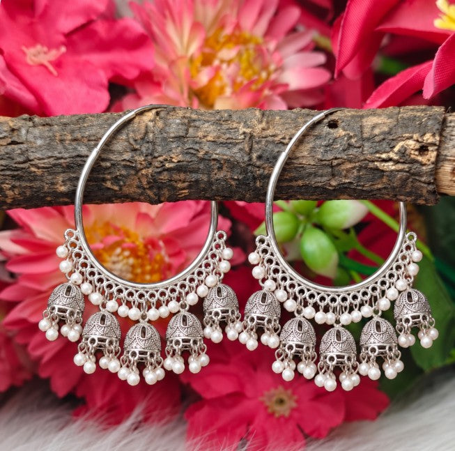 OXIDISED SILVER WHITE PEARL HOOP JHUMKI EARRINGS
