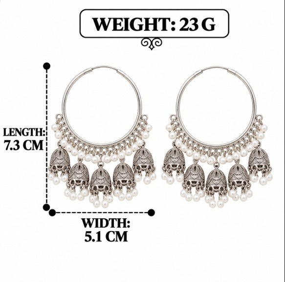 OXIDISED SILVER WHITE PEARL HOOP JHUMKI EARRINGS
