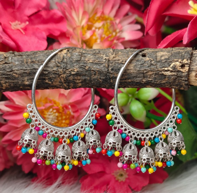 OXIDISED SILVER MULTICOLOR BEADED HOOP JHUMKI EARRINGS