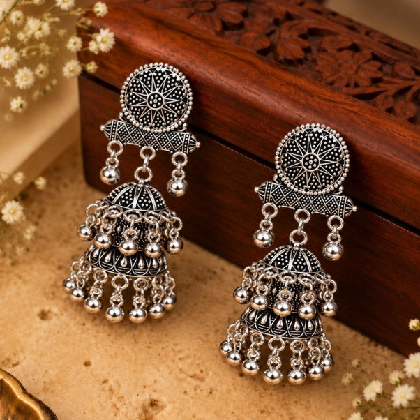 OXIDISED SILVER TWO-TIER JHUMKA EARRINGS WITH GHUNGROO BEADS