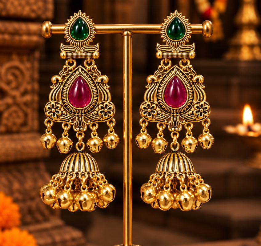 ANTIQUE GOLD LONG KASHMIRI JHUMKA EARRINGS WITH GHUNGROO BEADS