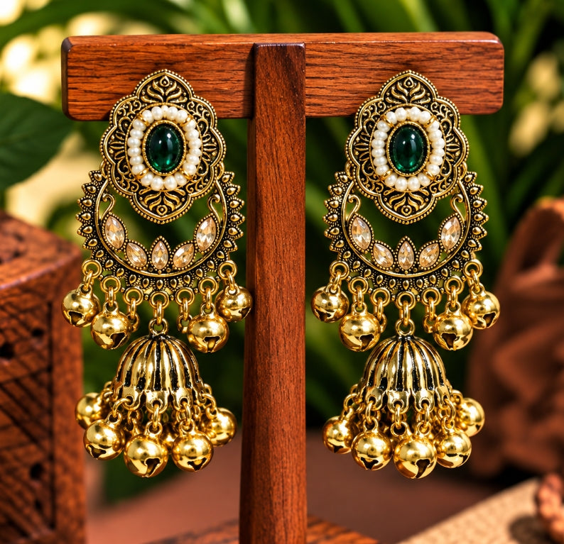 ANTIQUE GOLD LONG KASHMIRI JHUMKA EARRINGS WITH GHUNGROO BEADS
