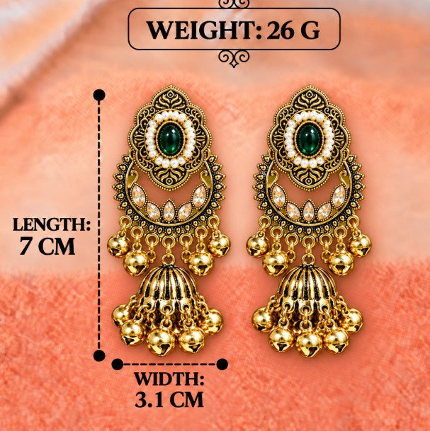 ANTIQUE GOLD LONG KASHMIRI JHUMKA EARRINGS WITH GHUNGROO BEADS