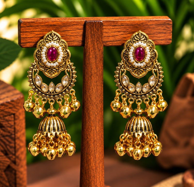 ANTIQUE GOLD LONG KASHMIRI JHUMKA EARRINGS WITH GHUNGROO BEADS