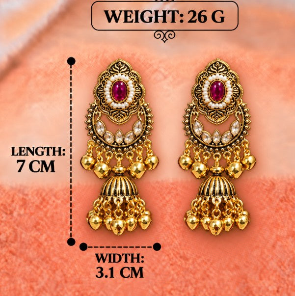 ANTIQUE GOLD LONG KASHMIRI JHUMKA EARRINGS WITH GHUNGROO BEADS