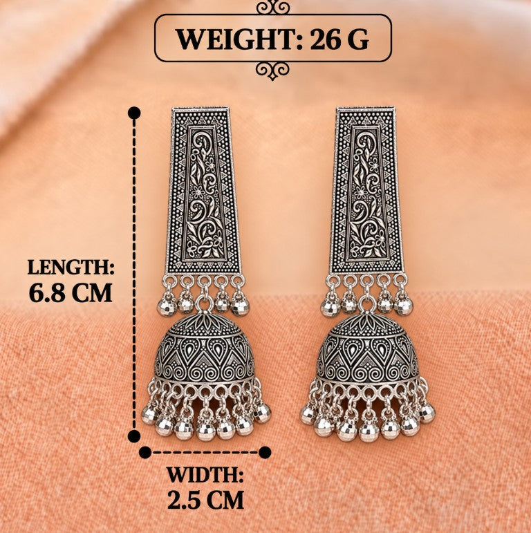 OXIDISED SILVER LONG GEOMETRIC DOME SHAPED JHUMKA EARRINGS