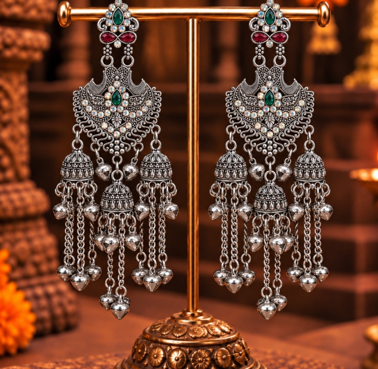 OXIDISED SILVER LONG BIG CHANDBALI JHUMKA EARRINGS WITH GHUNGROO