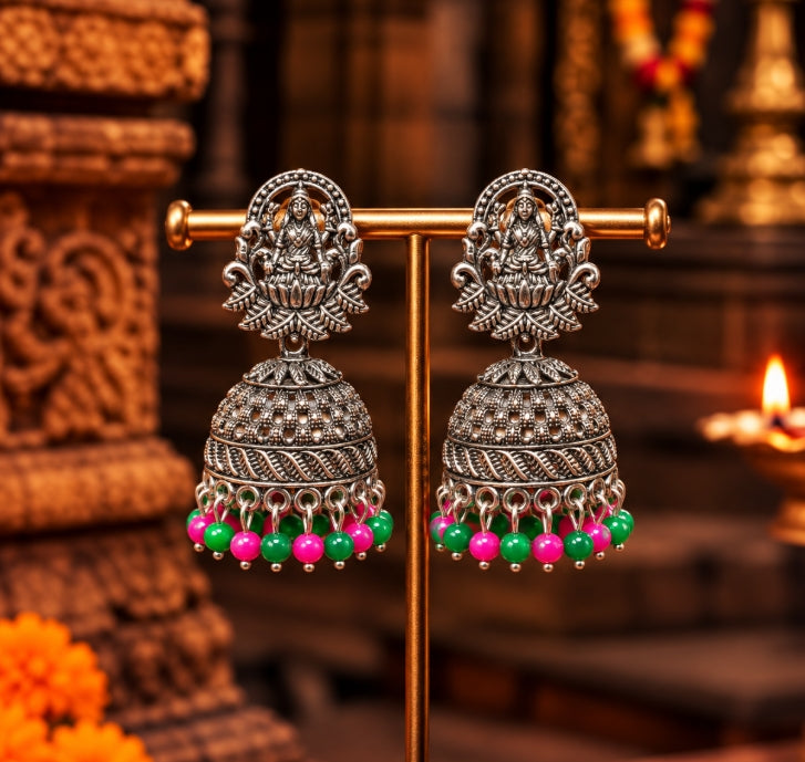 OXIDISED SILVER GODDESS LAKSHMI TEMPLE JHUMKA EARRINGS
