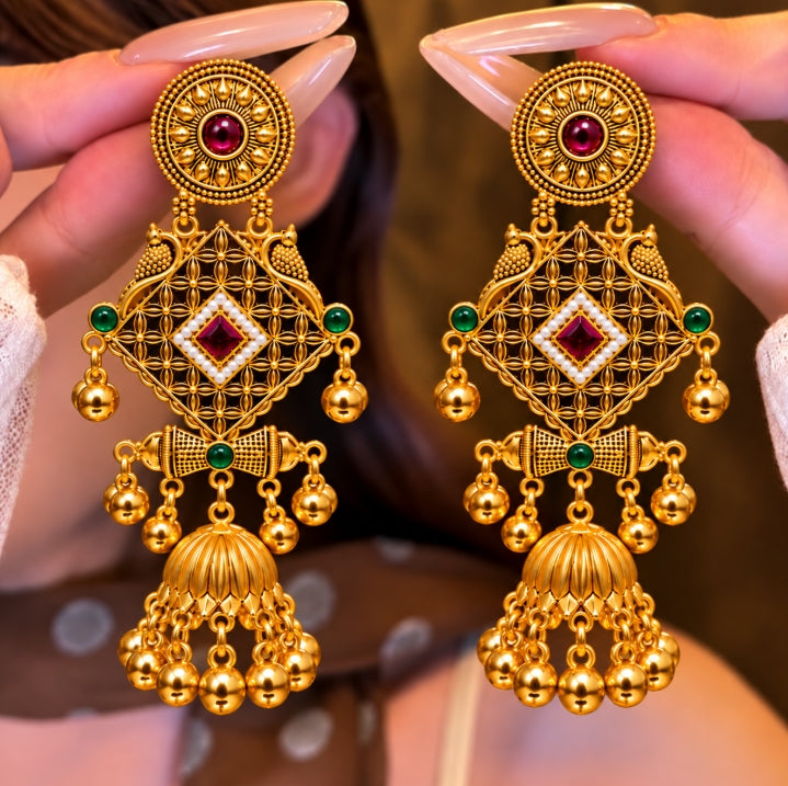 ANTIQUE GOLD KASHMIRI RED & GREEN STONE JHUMKA EARRINGS
