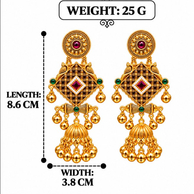 ANTIQUE GOLD KASHMIRI RED & GREEN STONE JHUMKA EARRINGS