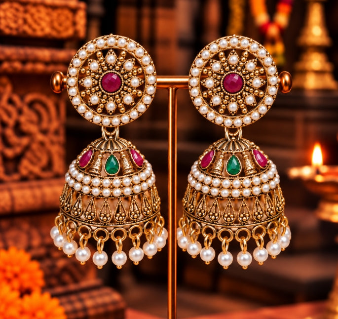 ANTIQUE GOLD PEARL RED GREEN STONES JHUMKA EARRINGS