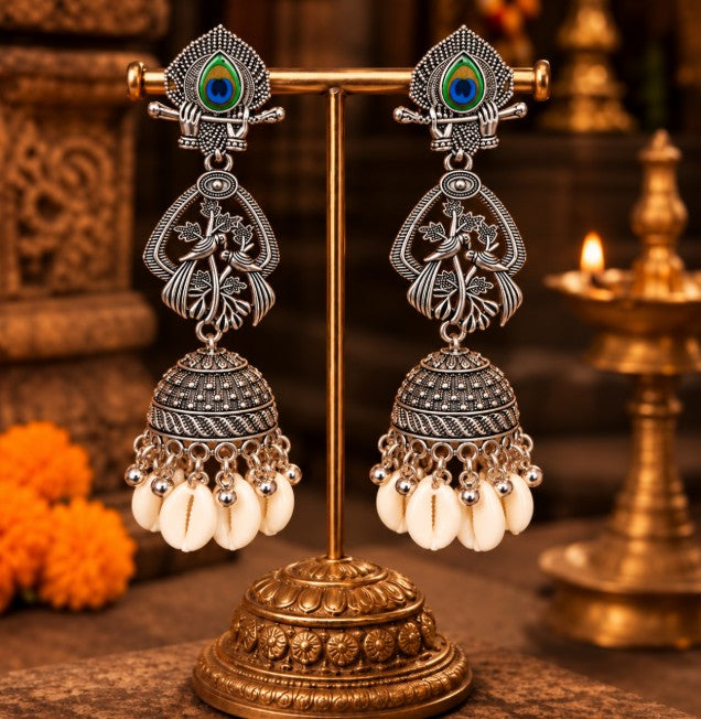 OXIDISED SILVER PEACOCK SHELL BEADED JHUMKA EARRINGS