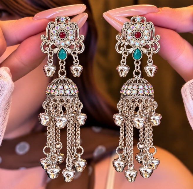 OXIDISED SILVER TONE STONE CHAIN JHUMKA EARRINGS WITH GHUNGROO