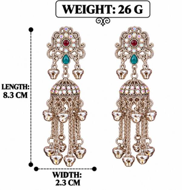 OXIDISED SILVER TONE STONE CHAIN JHUMKA EARRINGS WITH GHUNGROO
