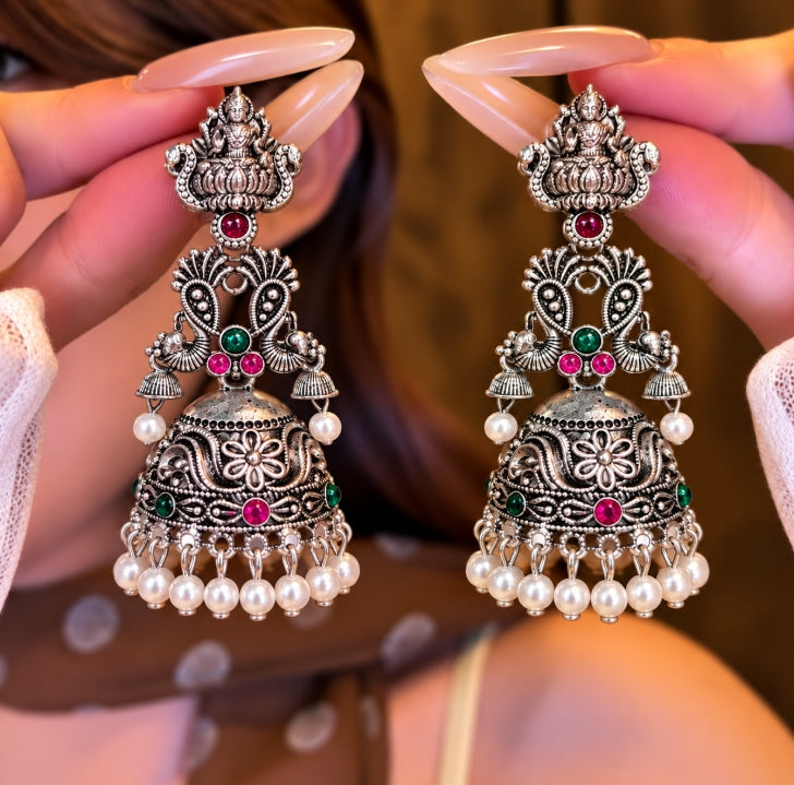 OXIDISED SILVER LAKSHMI DEVI TEMPLE JHUMKA EARRINGS