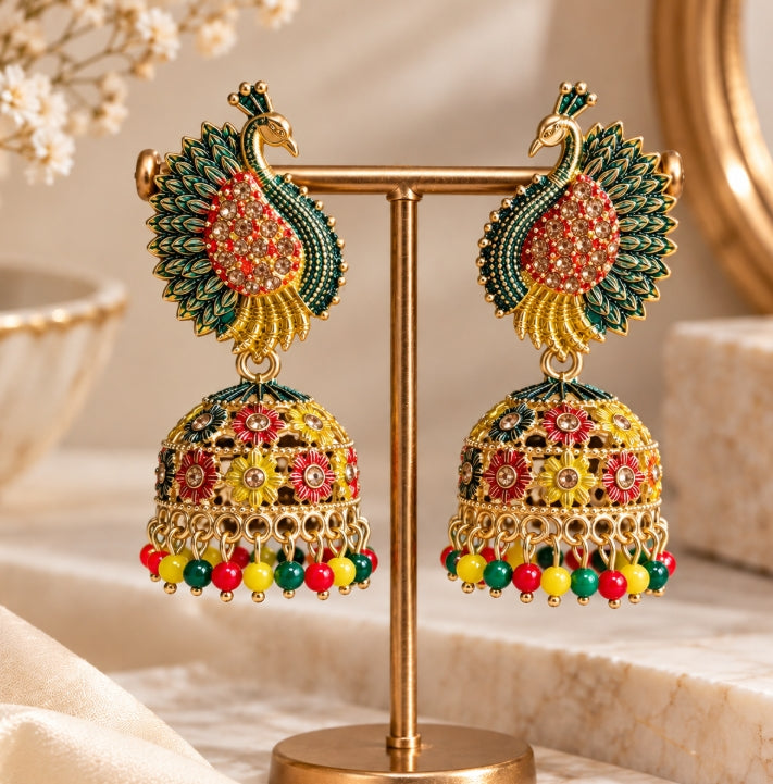 GOLD PLATED MULTICOLOR PEACOCK FLORAL JHUMKA EARRINGS