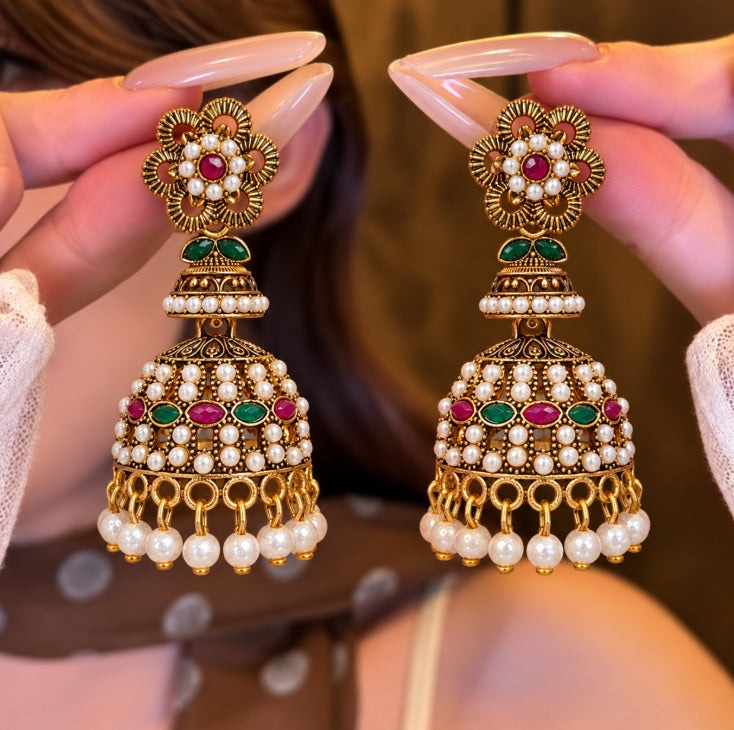 ANTIQUE GOLD PINK & GREEN STONES BEADED JHUMKA EARRING