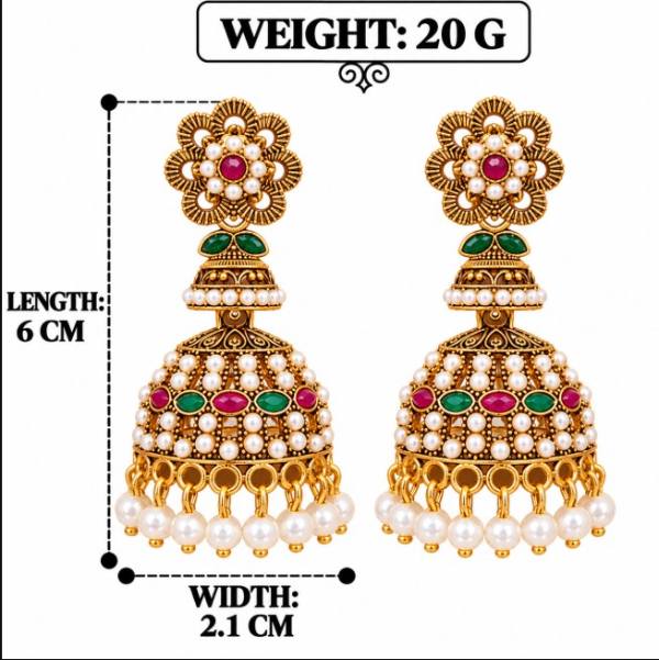 ANTIQUE GOLD PINK & GREEN STONES BEADED JHUMKA EARRING