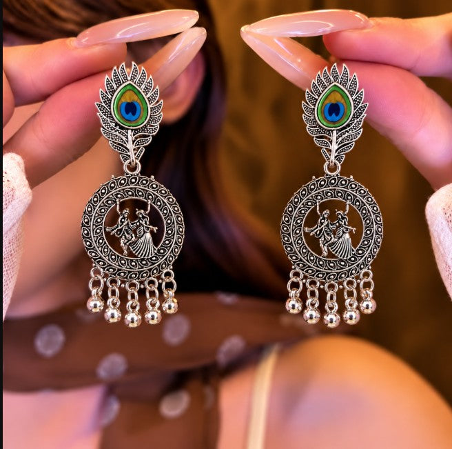 OXIDISED SIILVER RADHA KRISHNA DANCING DROP EARRINGS