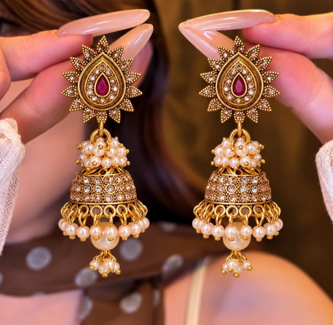 GOLD PLATED RED STONE PEARL KUNDAN JHUMKA EARRINGS