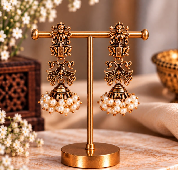 ANTIQUE GOLD TONE GODDESS LAKSHMI DEVI PEARL JHUMKA EARRINGS