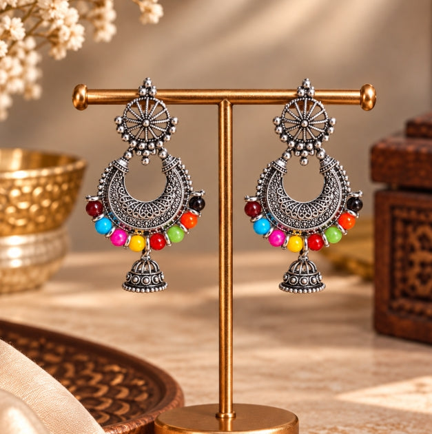 OXIDISED SILVER MULTICOLOR BEADS CRESCENT JHUMKA EARRINGS