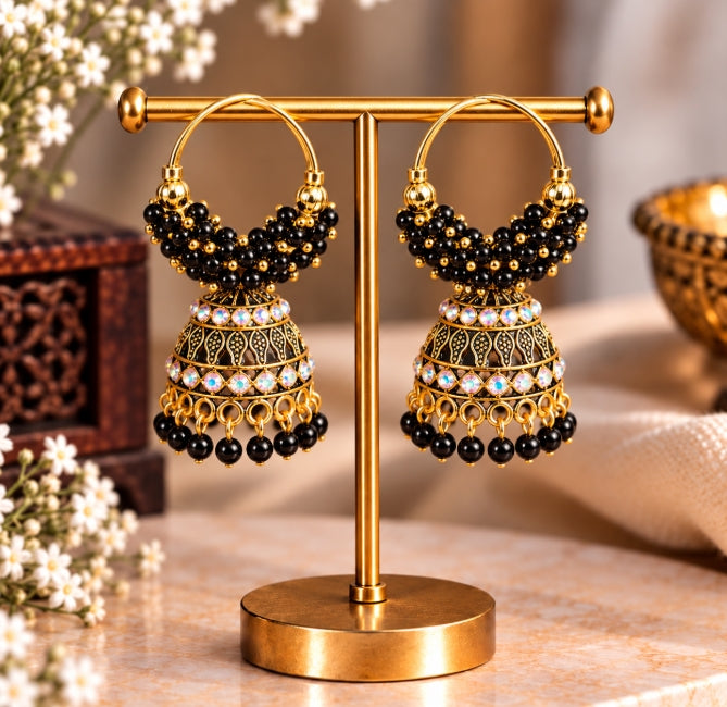GOLD PLATED BEADED HOOP JHUMKA EARRINGS