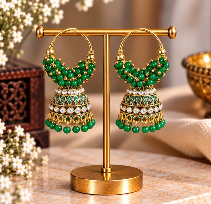 GOLD PLATED BEADED HOOP JHUMKA EARRINGS