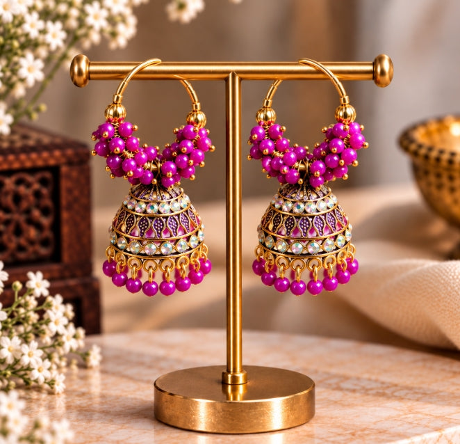 GOLD PLATED BEADED HOOP JHUMKA EARRINGS