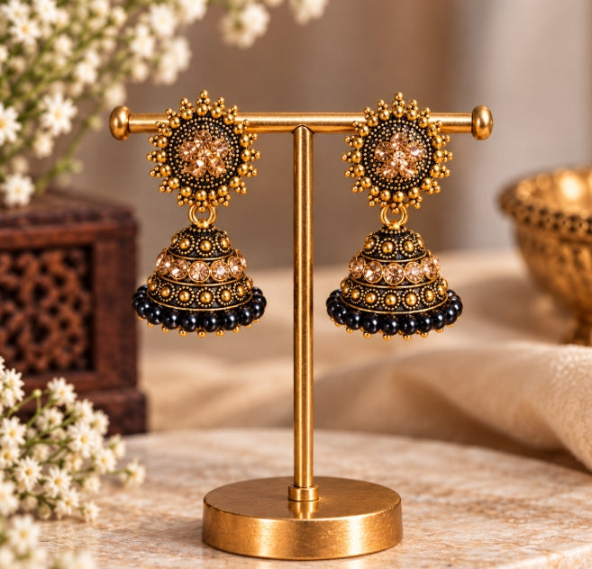 TRADITIONAL STONE & BEADED SMALL JHUMKI EARRINGS