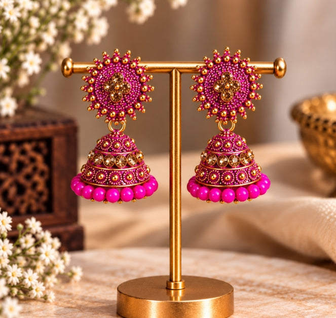 TRADITIONAL STONE & BEADED SMALL JHUMKI EARRINGS