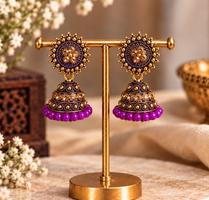 TRADITIONAL STONE & BEADED SMALL JHUMKI EARRINGS