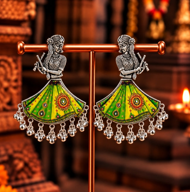 BIG NAVRATRI EARRINGS OXIDISED SILVER DANCING GIRL EARRINGS