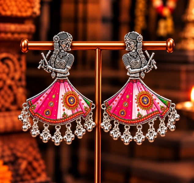 BIG NAVRATRI EARRINGS OXIDISED SILVER DANCING GIRL EARRINGS