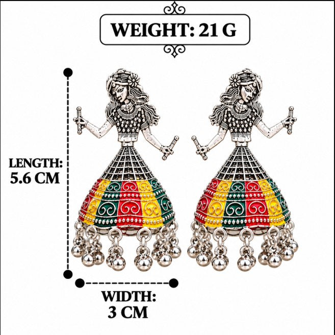 BIG NAVRATRI EARRINGS OXIDISED SILVER JHUMKA HAND PAINT DANCING GIRL EARRING