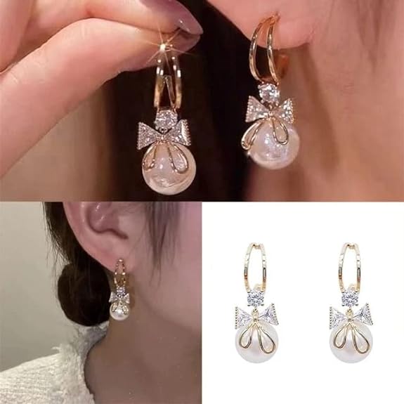 Pearl Bow Tie Dangling Earrings