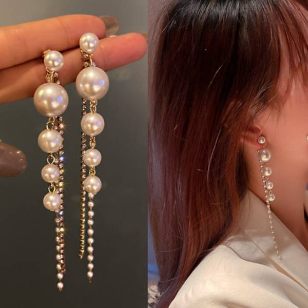 Long Pearl Chain Tassel Earring