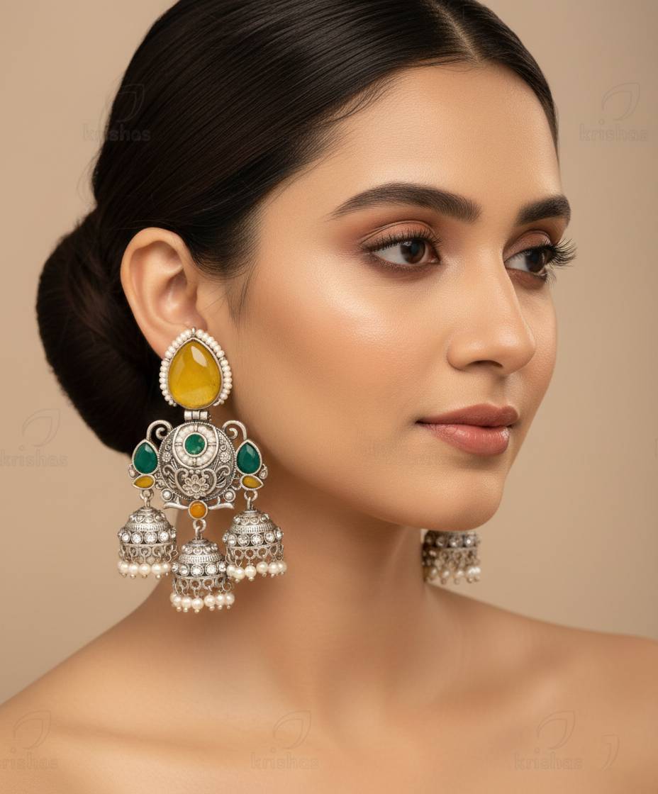 TRADITIONAL LONG TEMPLE JHUMKI EARRINGS BRASS