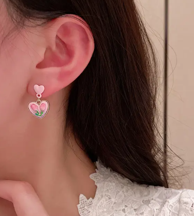 Small Heart Flower Drop / Stud Earring
