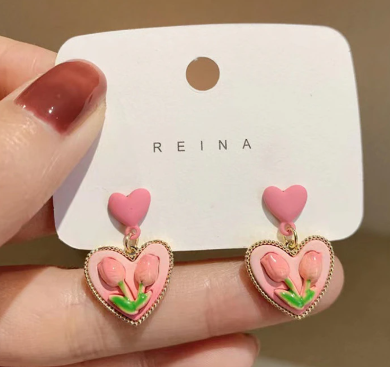Small Heart Flower Drop / Stud Earring