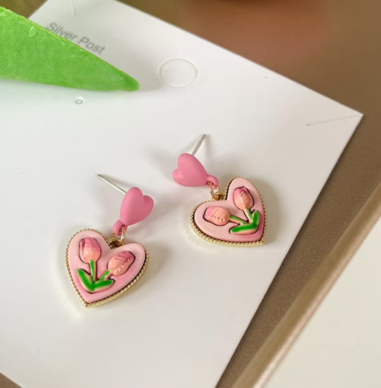Small Heart Flower Drop / Stud Earring