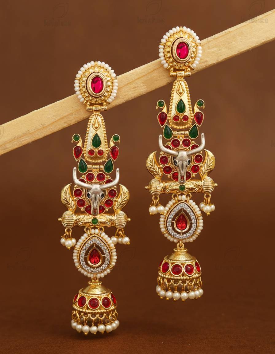 TRADITIONAL LONG TEMPLE JHUMKI EARRINGS BRASS