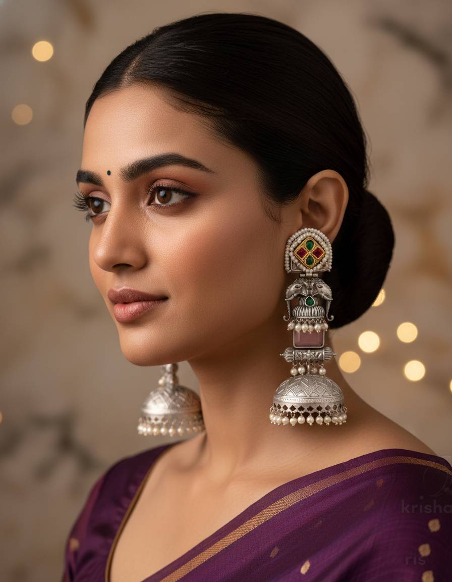 TRADITIONAL LONG TEMPLE JHUMKI EARRINGS BRASS