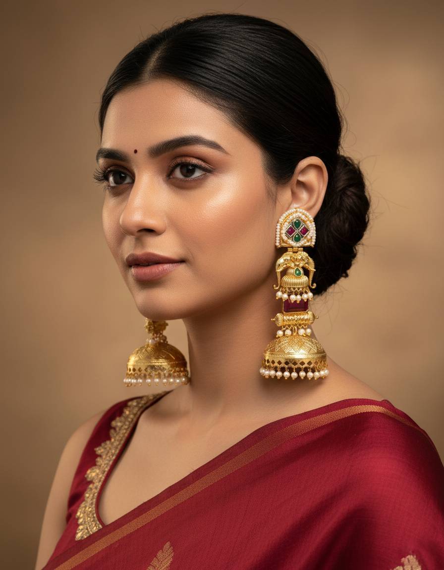 TRADITIONAL LONG TEMPLE JHUMKI EARRINGS BRASS