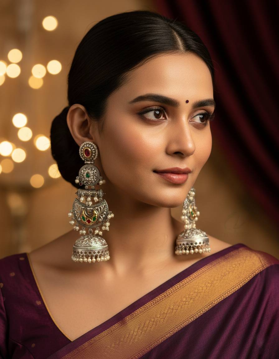 TRADITIONAL LONG TEMPLE JHUMKI EARRINGS BRASS